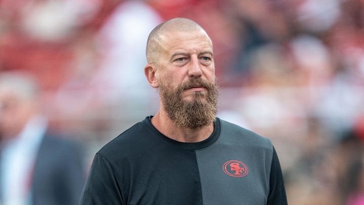 August 23, 2025; Santa Clara, California, USA; San Francisco 49ers run game coordinator/tight ends coach Brian Fleury before the game against the Los Angeles Chargers at Levi's Stadium. August 23, 2025; Santa Clara, California, USA; San Francisco 49ers run game coordinator/tight ends coach Brian Fleury before the game against the Los Angeles Chargers at Levi's Stadium.