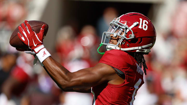 Oct 12, 2024; Tuscaloosa, Alabama, USA; Alabama Crimson Tide wide receiver Jaren Hamilton (16) during warm ups at Bryant-Denny Stadium. Mandatory Credit: Butch Dill-Imagn Images Oct 12, 2024; Tuscaloosa, Alabama, USA; Alabama Crimson Tide wide receiver Jaren Hamilton (16) during warm ups at Bryant-Denny Stadium. Mandatory Credit: Butch Dill-Imagn Images