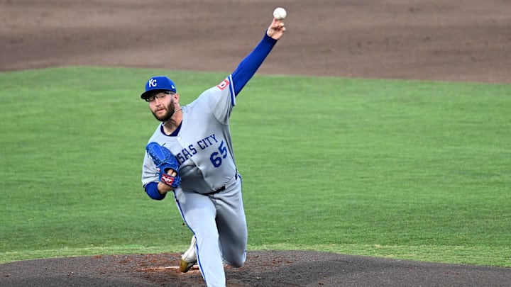 Apr 30, 2025; St. Petersburg, Florida, USA; Kansas City Royals starting pitcher Noah Cameron (65) throws a pitch in the second inning against the Tampa Bay Rays at George M. Steinbrenner Field. Mandatory Credit: Jonathan Dyer-Imagn Images
