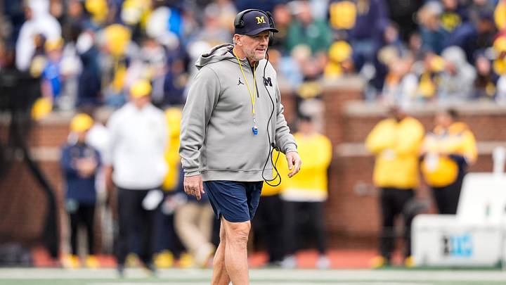 Michigan head coach Kyle Whittingham watches a play during the spring game at Michigan Stadium in Ann Arbor on Saturday, April 18, 2026.