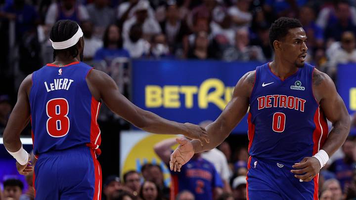 May 17, 2026; Detroit, Michigan, USA; Detroit Pistons center Jalen Duren (0) is congratulated by guard Caris LeVert (8) after scoring in the first half against the Cleveland Cavaliers during game seven of the second round of the 2026 NBA Playoffs at Little Caesars Arena. Mandatory Credit: Rick Osentoski-Imagn Images May 17, 2026; Detroit, Michigan, USA; Detroit Pistons center Jalen Duren (0) is congratulated by guard Caris LeVert (8) after scoring in the first half against the Cleveland Cavaliers during game seven of the second round of the 2026 NBA Playoffs at Little Caesars Arena. Mandatory Credit: Rick Osentoski-Imagn Images