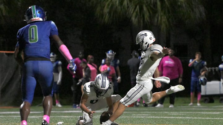 American Heritage-Delray's Jake Weinberg kicks an extra point during a regular season game against Somerset Canyons on Oct. 13, 2023.