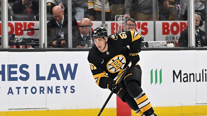 Sep 29, 2025; Boston, Massachusetts, USA; Boston Bruins center Matthew Poitras (51) carries the puck through the neutral zone during the first period against the Philadelphia Flyers at TD Garden. Mandatory Credit: Eric Canha-Imagn Images Sep 29, 2025; Boston, Massachusetts, USA; Boston Bruins center Matthew Poitras (51) carries the puck through the neutral zone during the first period against the Philadelphia Flyers at TD Garden. Mandatory Credit: Eric Canha-Imagn Images