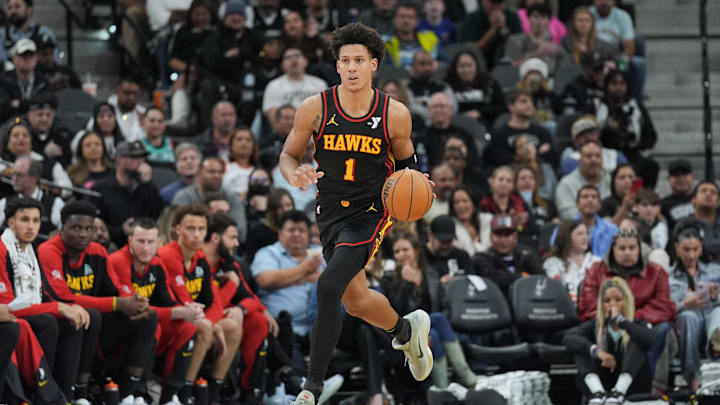 Dec 19, 2024; San Antonio, Texas, USA;  Atlanta Hawks forward Jalen Johnson (1) dribbles up the court in the second half against the San Antonio Spurs at Frost Bank Center. Mandatory Credit: Daniel Dunn-Imagn Images
