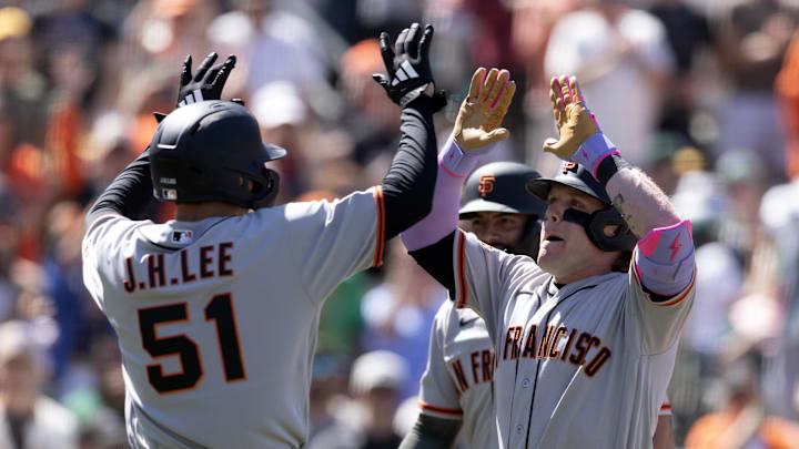 May 17, 2026; West Sacramento, California, USA; San Francisco Giants center fielder Harrison Bader (right) celebrates his grand slam with teammates Jung Hoo Lee (51) and Willy Adames during the eighth inning against the Athletics at Sutter Health Park. Matt Chapman also scored on the hit. Mandatory Credit: D. Ross Cameron-Imagn Images May 17, 2026; West Sacramento, California, USA; San Francisco Giants center fielder Harrison Bader (right) celebrates his grand slam with teammates Jung Hoo Lee (51) and Willy Adames during the eighth inning against the Athletics at Sutter Health Park. Matt Chapman also scored on the hit. Mandatory Credit: D. Ross Cameron-Imagn Images