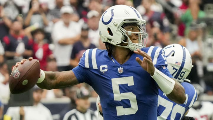 Sep 17, 2023; Houston, Texas, USA; Indianapolis Colts quarterback Anthony Richardson (5) prepares to throw