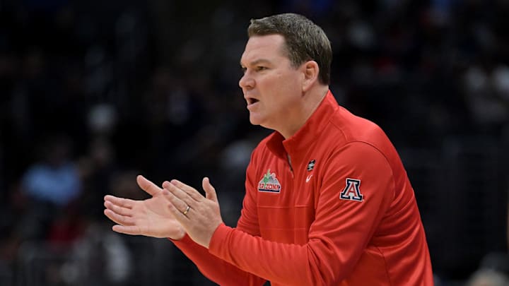 Mar 28, 2024; Los Angeles, CA, USA;  Arizona Wildcats head coach Tommy Lloyd reacts in the first half against the Clemson Tigers in the semifinals of the West Regional of the 2024 NCAA Tournament at Crypto.com Arena. 
