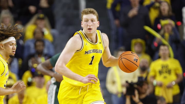 Feb 21, 2025; Ann Arbor, Michigan, USA; Michigan Wolverines center Danny Wolf (1) handles the ball during the first half at Crisler Center. Mandatory Credit: Brian Bradshaw Sevald-Imagn Images