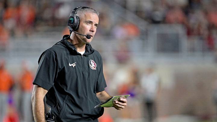 Oct 5, 2024; Tallahassee, Florida, USA; Florida State Seminoles head coach Mike Norvell looks on during the second half against the Clemson Tigers at Doak S. Campbell Stadium. Mandatory Credit: Melina Myers-Imagn Images Oct 5, 2024; Tallahassee, Florida, USA; Florida State Seminoles head coach Mike Norvell looks on during the second half against the Clemson Tigers at Doak S. Campbell Stadium. Mandatory Credit: Melina Myers-Imagn Images