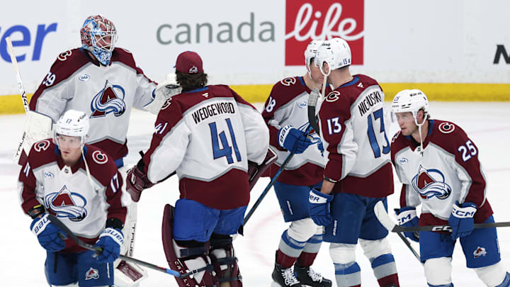 Mar 26, 2026; Winnipeg, Manitoba, CAN; Colorado Avalanche celebrate their victory over the Winnipeg Jets at Canada Life Centre. Mandatory Credit: James Carey Lauder-Imagn Images Mar 26, 2026; Winnipeg, Manitoba, CAN; Colorado Avalanche celebrate their victory over the Winnipeg Jets at Canada Life Centre. Mandatory Credit: James Carey Lauder-Imagn Images