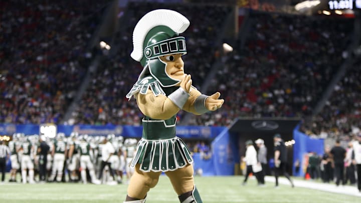 Dec 30, 2021; Atlanta, GA, USA; Michigan State Spartans mascot Sparty on the field against the Pittsburgh Panthers in the second half during the 2021 Peach Bowl at Mercedes-Benz Stadium. Mandatory Credit: Brett Davis-USA TODAY Sports