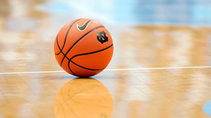 Mar 1, 2025; Chapel Hill, North Carolina, USA;  The ball rests on the court in the second half at Dean E. Smith Center. Mandatory Credit: Bob Donnan-Imagn Images