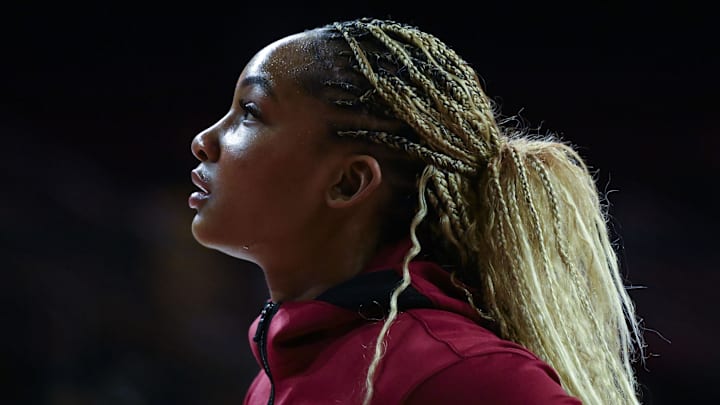 Feb 8, 2025; Los Angeles, California, USA; USC Trojans forward Kiki Iriafen (44) warms up before a game against the Ohio State Buckeyes at Galen Center. Mandatory Credit: Robert Hanashiro-Imagn Images