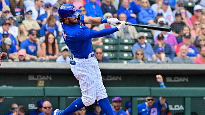 Mar 23, 2023; Mesa, Arizona, USA;  Chicago Cubs shortstop Dansby Swanson (7) flies out in the first