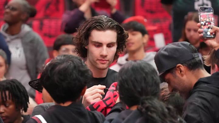 Apr 16, 2025; Chicago, Illinois, USA; Chicago Bulls guard Josh Giddey (3) signs autographs before the game against the Miami Heat at United Center. Mandatory Credit: David Banks-Imagn Images