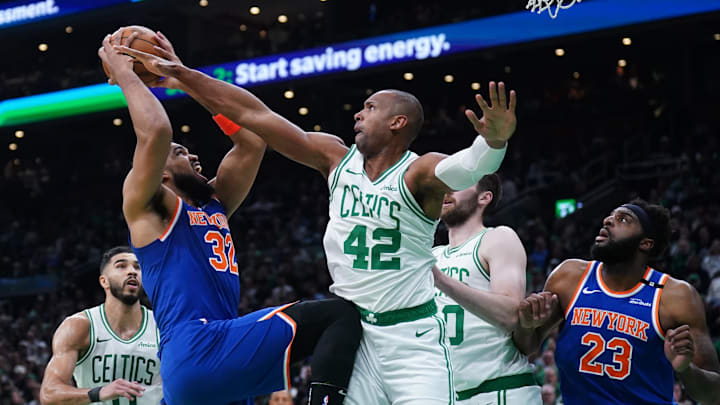 May 5, 2025; Boston, Massachusetts, USA; New York Knicks center Karl-Anthony Towns (32) shoots the ball agai9nst Boston Celtics center Al Horford (42) in the first quarter during game one of the second round for the 2025 NBA Playoffs at TD Garden. Mandatory Credit: David Butler II-Imagn Images May 5, 2025; Boston, Massachusetts, USA; New York Knicks center Karl-Anthony Towns (32) shoots the ball agai9nst Boston Celtics center Al Horford (42) in the first quarter during game one of the second round for the 2025 NBA Playoffs at TD Garden. Mandatory Credit: David Butler II-Imagn Images
