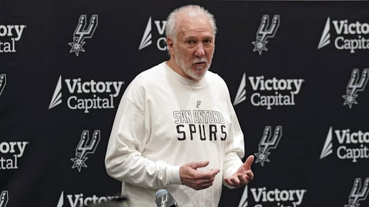 Sep 30, 2024; San Antonio, TX, USA; San Antonio Spurs head coach Gregg Popovich answers questions during Media day at Victory Capital Performance Center in San Antonio. 