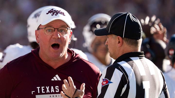 Oct 24, 2026; Tuscaloosa, AL, USA;  Texas A&M head coach Mike Elko voices his displeasure with an official during the game with Alabama at Saban Field at Bryant Denny Stadium. Mandatory Credit: Gary Cosby Jr.-Tuscaloosa News