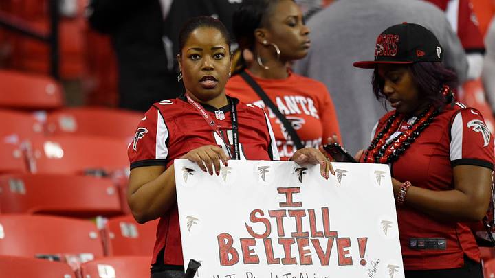 Dec 28, 2014; Atlanta, GA, USA; An Atlanta Falcons fan shown in the stands prior to the game against the Carolina Panthers at the Georgia Dome. Mandatory Credit: Dale Zanine-USA TODAY Sports Dec 28, 2014; Atlanta, GA, USA; An Atlanta Falcons fan shown in the stands prior to the game against the Carolina Panthers at the Georgia Dome. Mandatory Credit: Dale Zanine-USA TODAY Sports
