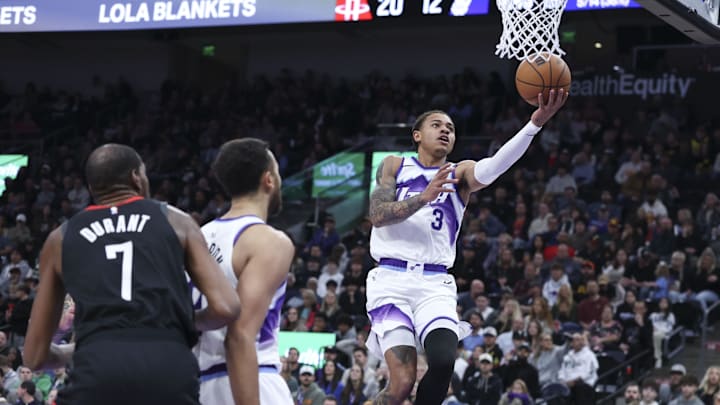 Nov 30, 2025; Salt Lake City, Utah, USA; Utah Jazz guard Keyonte George (3) lays the ball up against the Houston Rockets during the first quarter at Delta Center. Mandatory Credit: Rob Gray-Imagn Images