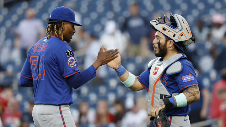 Apr 28, 2025; Washington, District of Columbia, USA; New York Mets pitcher José Ureña (54) celebrates with Mets catcher Francisco Alvarez (4) after their game against the Washington Nationals at Nationals Park. Mandatory Credit: Geoff Burke-Imagn Images Apr 28, 2025; Washington, District of Columbia, USA; New York Mets pitcher José Ureña (54) celebrates with Mets catcher Francisco Alvarez (4) after their game against the Washington Nationals at Nationals Park. Mandatory Credit: Geoff Burke-Imagn Images