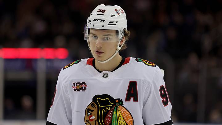 Mar 27, 2026; New York, New York, USA; Chicago Blackhawks center Connor Bedard (98) skates against the New York Rangers during the first period at Madison Square Garden. Mandatory Credit: Brad Penner-Imagn Images