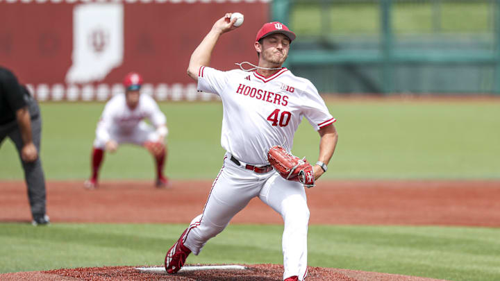 Indiana relief pitcher Gavin Seebold throws a pitch during Indiana's game against Purdue at Bart Kaufman Field on May 10, 2025.