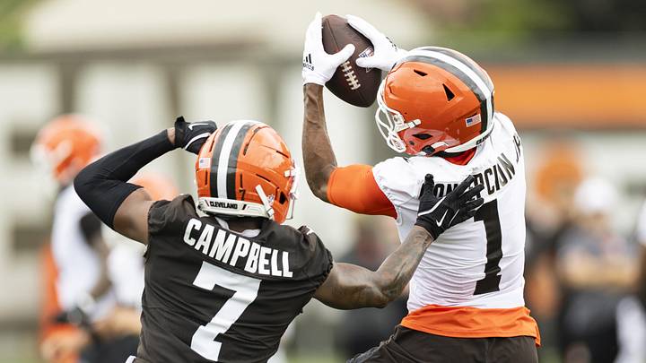 Jun 9, 2026; Berea, OH, USA; Cleveland Browns wide receiver KC Concepcion (1) makes a catch against cornerback Tyson Campbell (7) during mandatory mini camp at Cross Country Mortgage Campus. Mandatory Credit: Scott Galvin-Imagn Images Jun 9, 2026; Berea, OH, USA; Cleveland Browns wide receiver KC Concepcion (1) makes a catch against cornerback Tyson Campbell (7) during mandatory mini camp at Cross Country Mortgage Campus. Mandatory Credit: Scott Galvin-Imagn Images