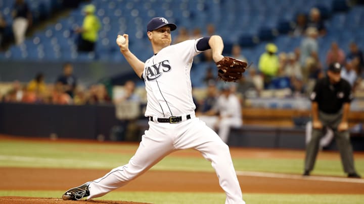 Tampa Bay Rays starting pitcher Alex Cobb (53) throws a pitch during the first inning against the Toronto Blue Jays at Tropicana Field in 2017.