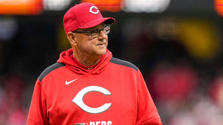 Cincinnati Reds manager Terry Francona (77) returns to the dugout after making a pitching change in the top of the ninth inning of the MLB Opening Day game between the Cincinnati Reds and the San Francisco Giants at Great American Ball Park in downtown Cincinnati on Thursday, March 27, 2025. The Giants won 6-4. Cincinnati Reds manager Terry Francona (77) returns to the dugout after making a pitching change in the top of the ninth inning of the MLB Opening Day game between the Cincinnati Reds and the San Francisco Giants at Great American Ball Park in downtown Cincinnati on Thursday, March 27, 2025. The Giants won 6-4.