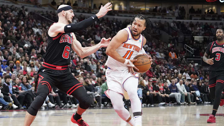 Apr 5, 2024; Chicago, Illinois, USA; Chicago Bulls guard Alex Caruso (6) defends New York Knicks guard Jalen Brunson (11) during the second half at United Center. Mandatory Credit: David Banks-Imagn Images Apr 5, 2024; Chicago, Illinois, USA; Chicago Bulls guard Alex Caruso (6) defends New York Knicks guard Jalen Brunson (11) during the second half at United Center. Mandatory Credit: David Banks-Imagn Images