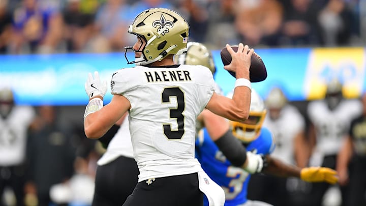 Oct 27, 2024; Inglewood, California, USA; New Orleans Saints quarterback Jake Haener (3) throws against the Los Angeles Chargers during the second half at SoFi Stadium. Mandatory Credit: Gary A. Vasquez-Imagn Images Oct 27, 2024; Inglewood, California, USA; New Orleans Saints quarterback Jake Haener (3) throws against the Los Angeles Chargers during the second half at SoFi Stadium. Mandatory Credit: Gary A. Vasquez-Imagn Images