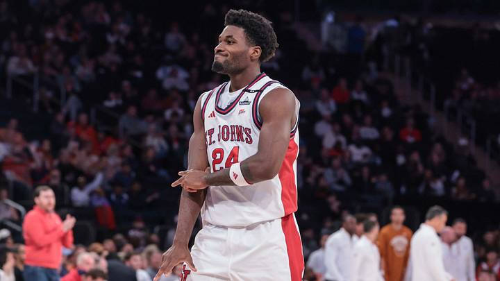 Oct 25, 2026; New York, NY, USA;  St. John's Red Storm guard Tounde Yessoufou (24) gestures after making a three point shot in the first half against the Texas Longhorns at Madison Square Garden.