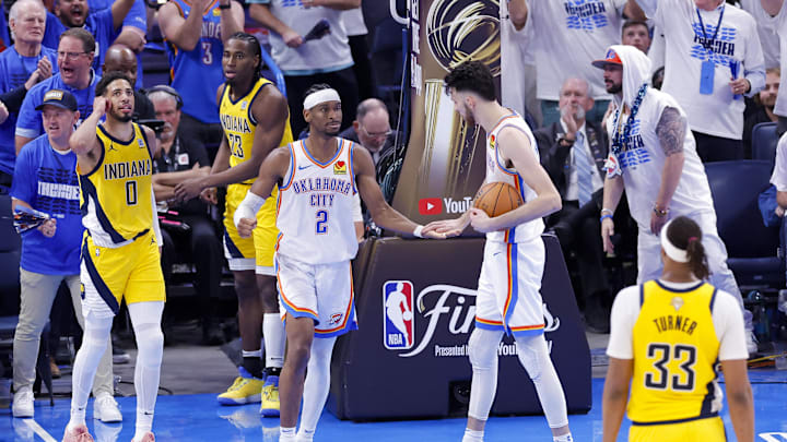 Jun 16, 2025; Oklahoma City, Oklahoma, USA; Oklahoma City Thunder guard Shai Gilgeous-Alexander (2) and forward Chet Holmgren (7) celebrate during the fourth quarter against the Indiana Pacers in game five of the 2025 NBA Finals at Paycom Center. Mandatory Credit: Alonzo Adams-Imagn Images Jun 16, 2025; Oklahoma City, Oklahoma, USA; Oklahoma City Thunder guard Shai Gilgeous-Alexander (2) and forward Chet Holmgren (7) celebrate during the fourth quarter against the Indiana Pacers in game five of the 2025 NBA Finals at Paycom Center. Mandatory Credit: Alonzo Adams-Imagn Images