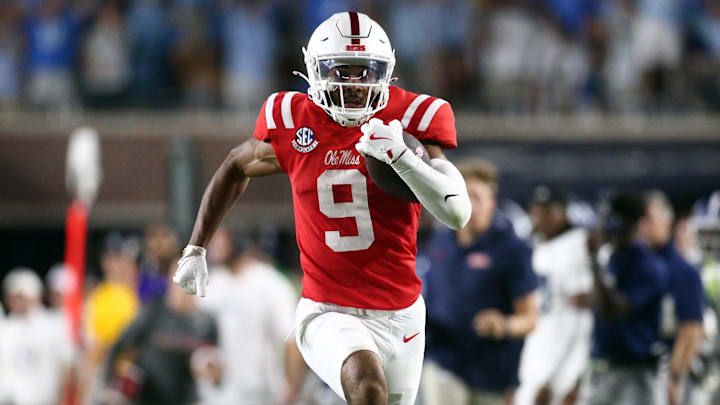 Sep 21, 2024; Oxford, Mississippi, USA; Mississippi Rebels wide receiver Tre Harris (9) runs after a catch for a touchdown during the first half against the Georgia Southern Eagles at Vaught-Hemingway Stadium. Mandatory Credit: Petre Thomas-Imagn Images