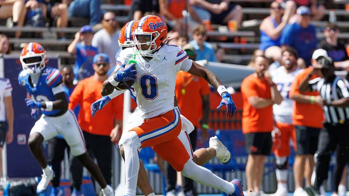 Apr 12, 2025; Gainesville, FL, USA; Florida Gators wide receiver Naeshaun Montgomery (0) runs with the ball during the second half at Ben Hill Griffin Stadium. Mandatory Credit: Matt Pendleton-Imagn Images Apr 12, 2025; Gainesville, FL, USA; Florida Gators wide receiver Naeshaun Montgomery (0) runs with the ball during the second half at Ben Hill Griffin Stadium. Mandatory Credit: Matt Pendleton-Imagn Images