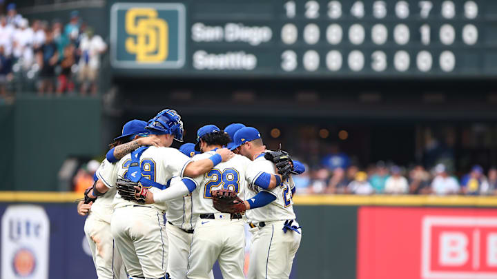 Sep 14, 2022; Seattle, Washington, USA;  The Seattle Mariners infield, including Seattle Mariners