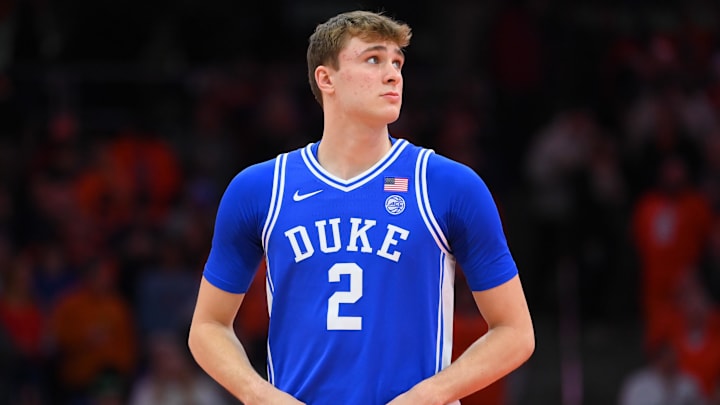 Feb 5, 2025; Syracuse, New York, USA; Duke Blue Devils guard Cooper Flagg (2) looks on prior to the game against the Syracuse Orange at the JMA Wireless Dome. Mandatory Credit: Rich Barnes-Imagn Images