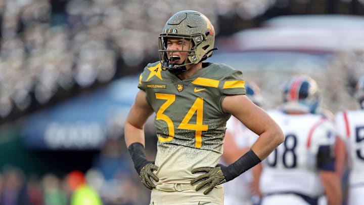 Dec 10, 2022; Philadelphia, Pennsylvania, USA; Army Black Knights outside linebacker Andre Carter II (34) reacts after a play against the Navy Midshipmen during the first half of the 123rd Army-Navy game at Lincoln Financial Field. Mandatory Credit: Danny Wild-Imagn Images