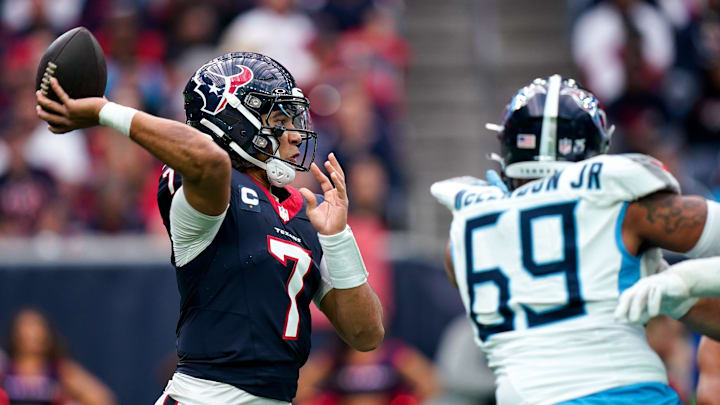 Houston Texans quarterback C.J. Stroud (7) throws the ball against the Tennessee Titans during the second quarter at NRG Stadium in Houston, Texas., Sunday, Dec. 31, 2023.