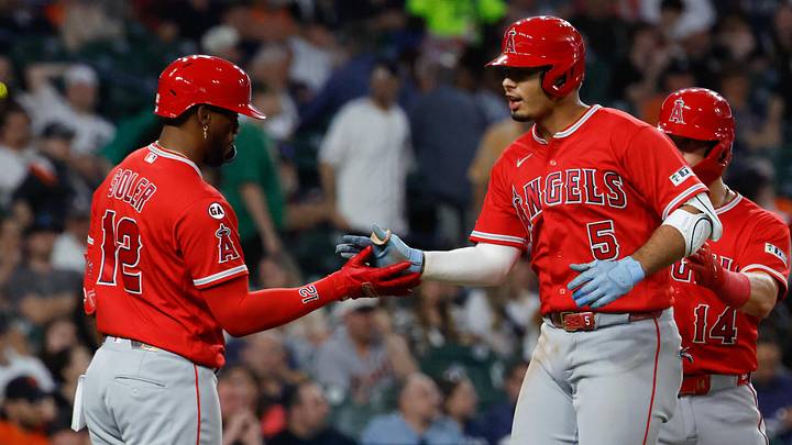 May 26, 2026; Detroit, Michigan, USA;  Los Angeles Angels second baseman Vaughn Grissom (5) receives congratulations from designated hitter Jorge Soler (12) after he hits a grand slam in the eighth inning against the Detroit Tigers at Comerica Park. Mandatory Credit: Rick Osentoski-Imagn Images