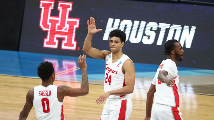 Mar 29, 2021; Indianapolis, Indiana, USA; Houston Cougars guard Quentin Grimes (24) celebrates with