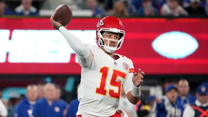 Sep 21, 2025; East Rutherford, New Jersey, USA;
Kansas City Chiefs quarterback Patrick Mahomes (15) passes against the New York Giants in the first quarter at MetLife Stadium. Mandatory Credit: Robert Deutsch-Imagn Images Sep 21, 2025; East Rutherford, New Jersey, USA;
Kansas City Chiefs quarterback Patrick Mahomes (15) passes against the New York Giants in the first quarter at MetLife Stadium. Mandatory Credit: Robert Deutsch-Imagn Images
