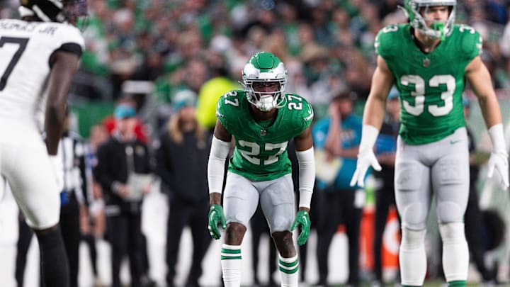 Nov 3, 2024; Philadelphia, Pennsylvania, USA; Philadelphia Eagles cornerback Quinyon Mitchell (27) plays against the Jacksonville Jaguars at Lincoln Financial Field. Mandatory Credit: Bill Streicher-Imagn Images