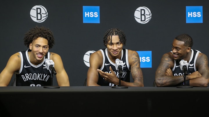 Oct 2, 2023; Brooklyn, NY, USA; Brooklyn Nets forwards Jalen Wilson (22), Noah Clowney (21), and Dariq Whitehead (0) at Brooklyn Nets Media Day Mandatory Credit: Wendell Cruz-Imagn Images