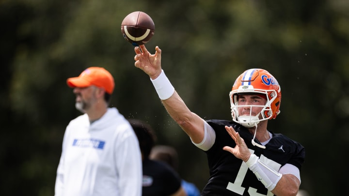 Florida Gators quarterback Graham Mertz (15) throws the ball during fall football practice at Heavener Football Complex at the University of Florida in Gainesville, FL on Thursday, August 1, 2024. [Matt Pendleton/Gainesville Sun]