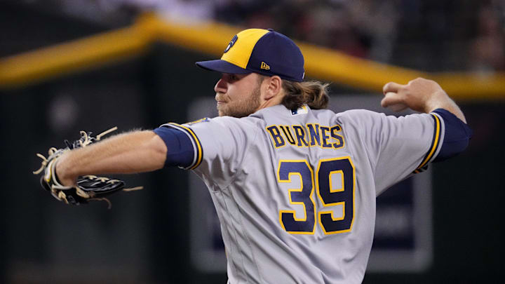Sep 3, 2022; Phoenix, Arizona, USA; Milwaukee Brewers starting pitcher Corbin Burnes (39) throws against the Arizona Diamondbacks during the first inning at Chase Field. Mandatory Credit: Joe Camporeale-Imagn Images