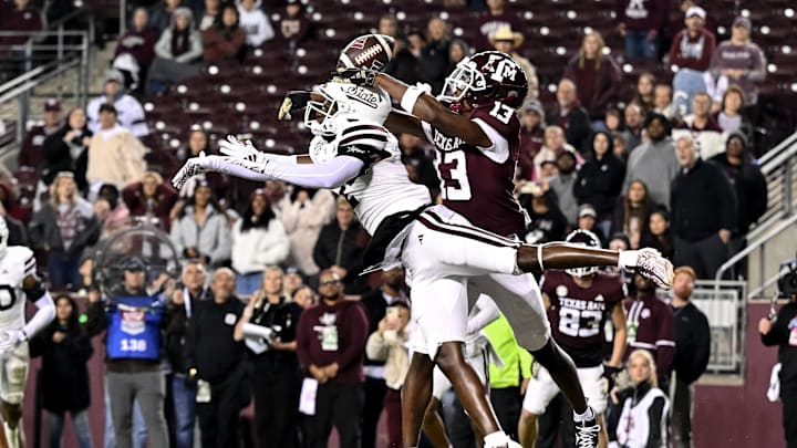 Nov 11, 2023; College Station, Texas, USA; Mississippi State Bulldogs cornerback Esaias Furdge (2) breaks up a pass intended for Texas A&M Aggies wide receiver Micah Tease (13) during the fourth quarter at Kyle Field. Mandatory Credit: Maria Lysaker-Imagn Images