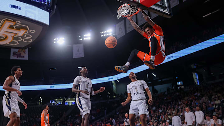 Jan 6, 2026; Atlanta, Georgia, USA; Syracuse Orange forward Sadiq White Jr. (0) dunks against the Georgia Tech Yellow Jackets in the first half at McCamish Pavilion. Mandatory Credit: Brett Davis-Imagn Images
Jan 6, 2026; Atlanta, Georgia, USA; Syracuse Orange forward Sadiq White Jr. (0) dunks against the Georgia Tech Yellow Jackets in the first half at McCamish Pavilion. Mandatory Credit: Brett Davis-Imagn Images