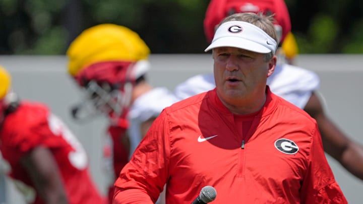 Georgia coach Kirby Smart looks on at the first day of fall practice in Athens, Georgia, on Thursday, July 31, 2025.